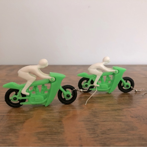 Funky Fun Unique Earrings Vintage Motorcycle with Rider - Picture 1 of 4